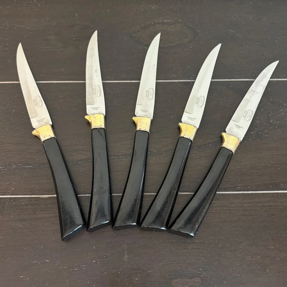 Vintage Armack Sheffield‎ England Steak Knife Set 5pc Black Gold Stainless Steel